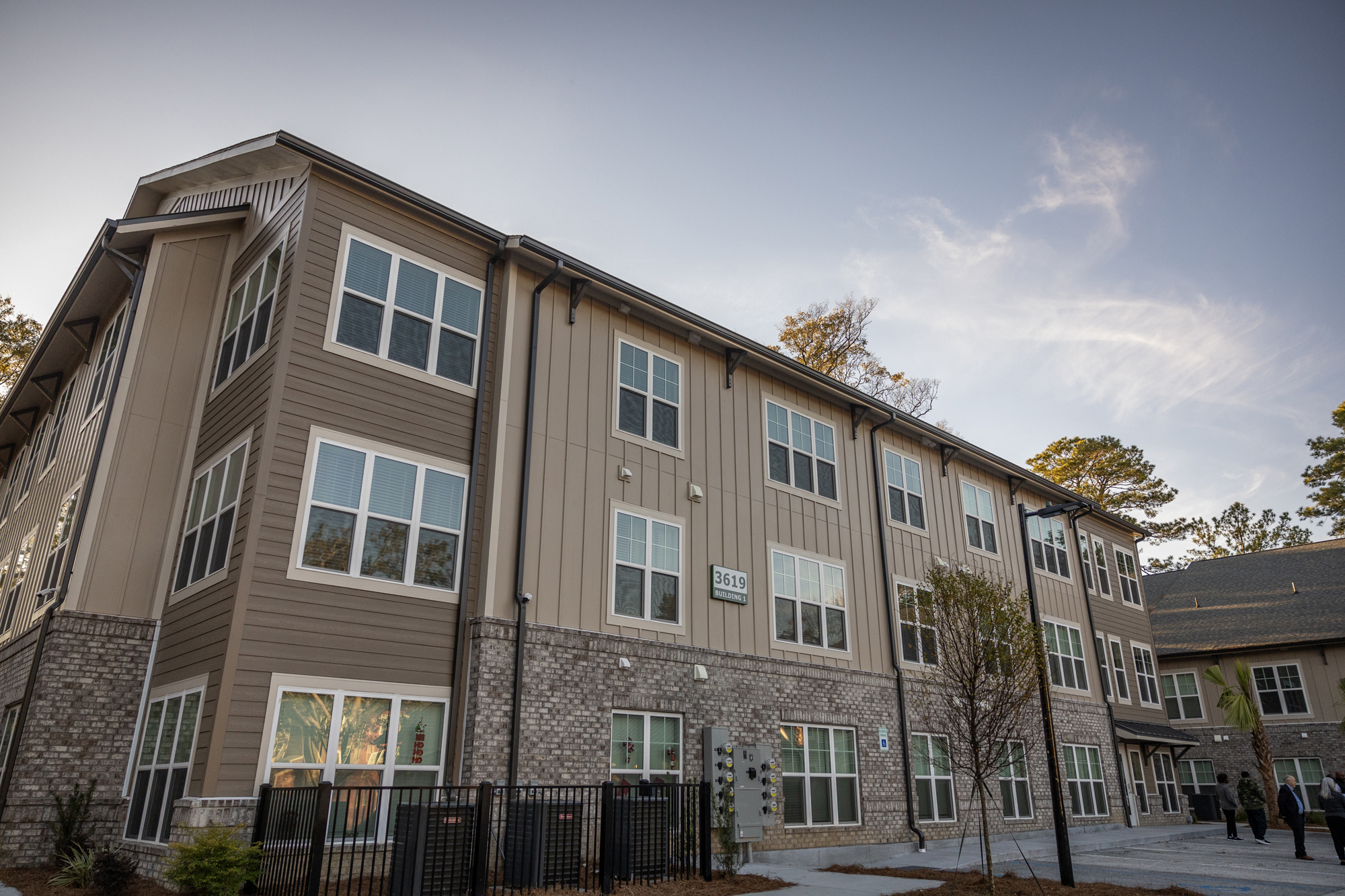 One of the Esau Jenkins Village buildings on a clear, wintry afternoon, nearing dusk.