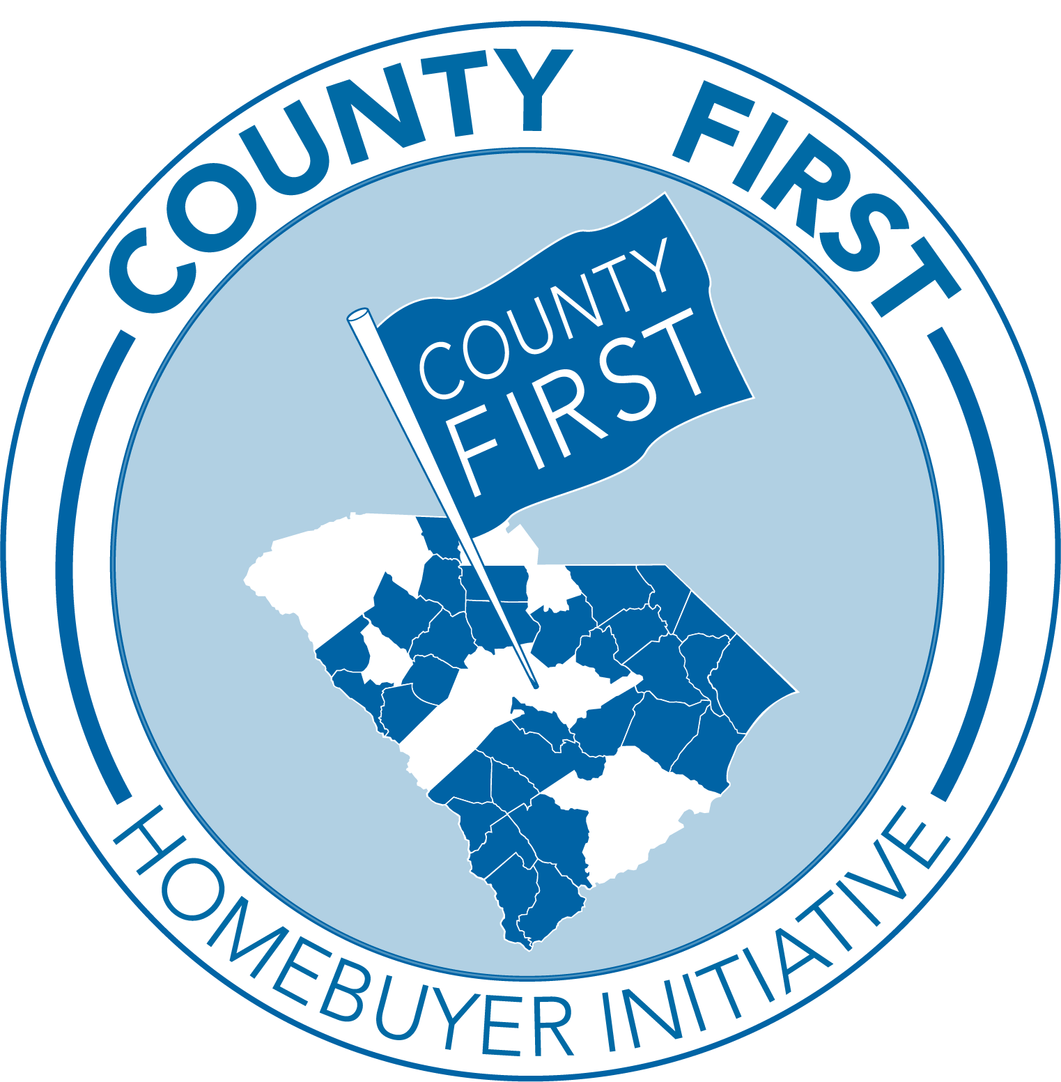 County First Logo as a blue circle with a flag sticking out of the state of South Carolina.