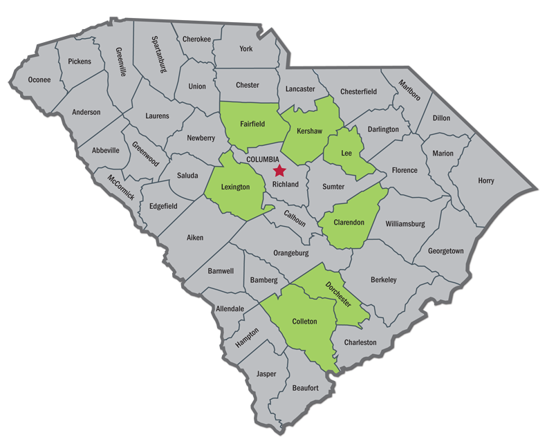 Map showing Clarendon, Colleton, Dorchester, Fairfield, Kershaw, Lee and Lexington counties eligible for Housing Choice Vouchers